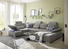 Wohnlandschaft >MEDAN< Schlaffunktion, Bettkasten, 3 Kopftützen, Armlehnfunktion, in Bezug "taupe" - 324x107x170/218 (BxHxT)