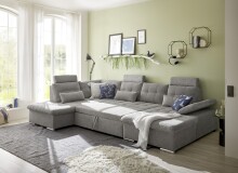 Wohnlandschaft >MEDAN< Schlaffunktion, Bettkasten, 3 Kopftützen, Armlehnfunktion, in Bezug "taupe" - 324x107x170/218 (BxHxT)