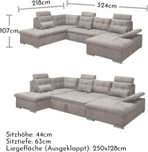 Wohnlandschaft >MEDAN< Schlaffunktion, Bettkasten, 3 Kopftützen, Armlehnfunktion, in Bezug "taupe" - 324x107x170/218 (BxHxT)