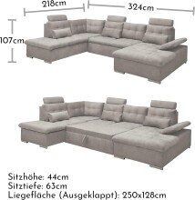 Wohnlandschaft >MEDAN< Schlaffunktion, Bettkasten, 3 Kopftützen, Armlehnfunktion, in Bezug "taupe" - 324x107x170/218 (BxHxT)