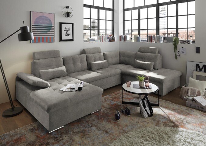 Wohnlandschaft >MEDAN< Schlaffunktion, Bettkasten, 3 Kopftützen, Armlehnfunktion, in Bezug "taupe" - 324x107x170/218 (BxHxT)