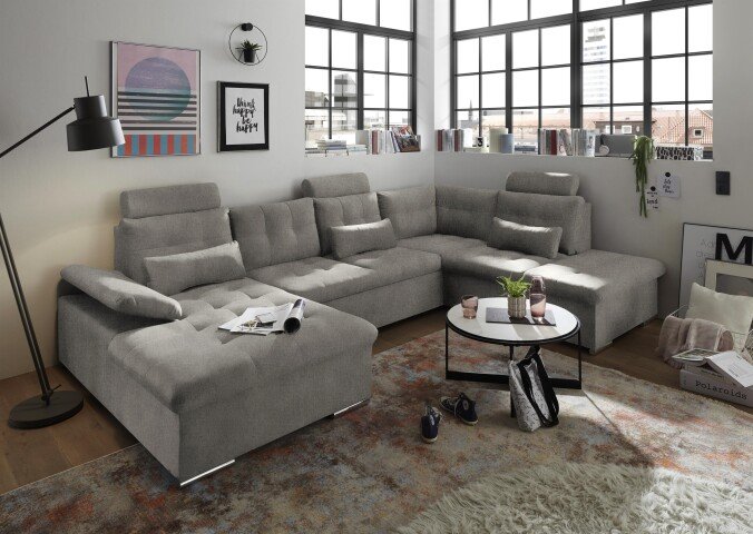 Wohnlandschaft >MEDAN< Schlaffunktion, Bettkasten, 3 Kopftützen, Armlehnfunktion, in Bezug "taupe" - 324x107x170/218 (BxHxT)