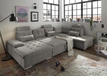 Wohnlandschaft >MEDAN< Schlaffunktion, Bettkasten, 3 Kopftützen, Armlehnfunktion, in Bezug "taupe" - 324x107x170/218 (BxHxT)