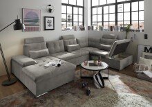 Wohnlandschaft >MEDAN< Schlaffunktion, Bettkasten, 3 Kopftützen, Armlehnfunktion, in Bezug "taupe" - 324x107x170/218 (BxHxT)