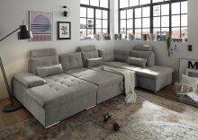 Wohnlandschaft >MEDAN< Schlaffunktion, Bettkasten, 3 Kopftützen, Armlehnfunktion, in Bezug "taupe" - 324x107x170/218 (BxHxT)