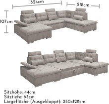 Wohnlandschaft >MEDAN< Schlaffunktion, Bettkasten, 3 Kopftützen, Armlehnfunktion, in Bezug "taupe" - 324x107x170/218 (BxHxT)