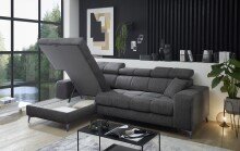 Ecksofa >SYDNEY< Elektrische Sitztiefenverstellung, 3 verstellbare Kopfstützen, Bettkasten, in anthrazit - 268x105x172 (BxHxT)