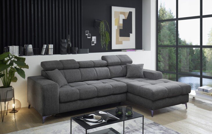 Ecksofa >SYDNEY< Elektrische Sitztiefenverstellung, 3 verstellbare Kopfstützen, Bettkasten, in anthrazit - 268x105x172 (BxHxT)