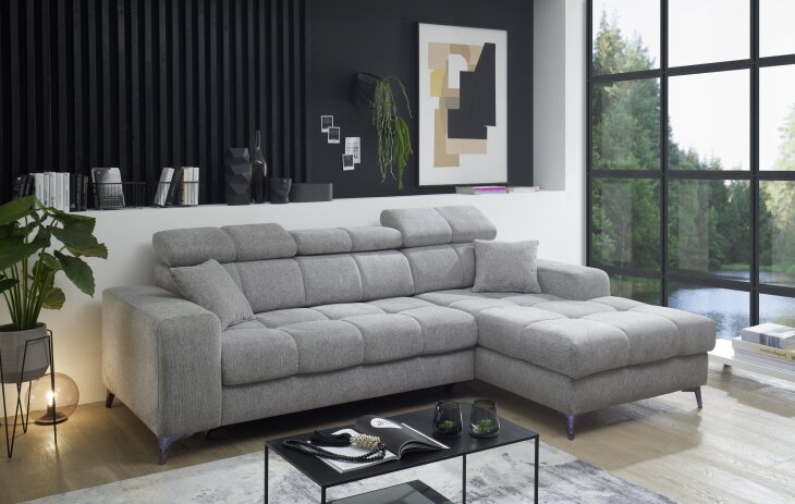 Ecksofa >SYDNEY< Elektrische Sitztiefenverstellung, 3 verstellbare Kopfstützen, Bettkasten, Bezugsstoff "taupe" - 268x105x172 (BxHxT)