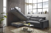 Ecksofa >SYDNEY< Elektrische Sitztiefenverstellung, 5 verstellbare Kopfstützen, Bettkasten, in anthrazit - 268x105x172 (BxHxT)