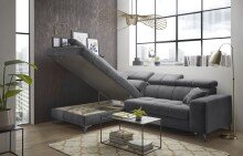 Ecksofa >SYDNEY< Elektrische Sitztiefenverstellung, 5 verstellbare Kopfstützen, Bettkasten, in anthrazit - 282x105x198 (BxHxT)