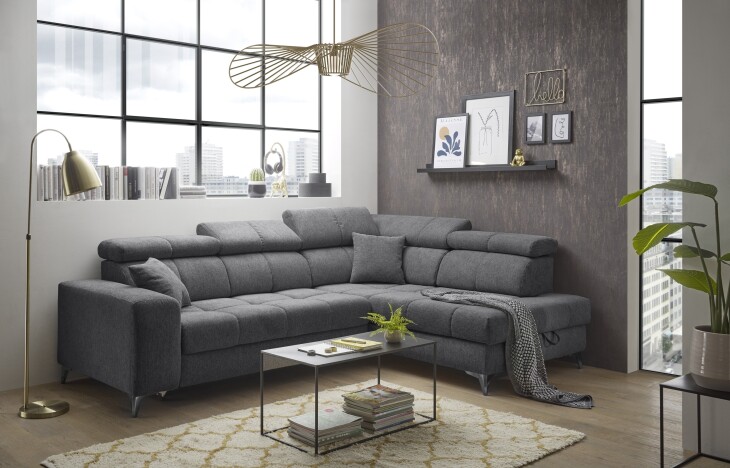Ecksofa >SYDNEY< Elektrische Sitztiefenverstellung, 5 verstellbare Kopfstützen, Bettkasten, in anthrazit - 268x105x172 (BxHxT)