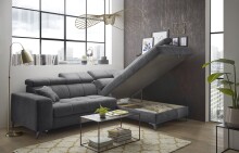 Ecksofa >SYDNEY< Elektrische Sitztiefenverstellung, 5 verstellbare Kopfstützen, Bettkasten, in anthrazit - 268x105x172 (BxHxT)