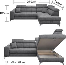 Ecksofa >SYDNEY< Elektrische Sitztiefenverstellung, 5 verstellbare Kopfstützen, Bettkasten, in anthrazit - 282x105x198 (BxHxT)