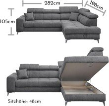 Ecksofa >SYDNEY< Elektrische Sitztiefenverstellung, 5 verstellbare Kopfstützen, Bettkasten, in anthrazit - 282x105x198 (BxHxT)
