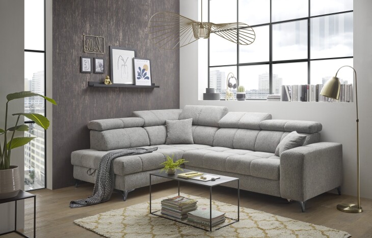 Ecksofa >SYDNEY< Elektrische Sitztiefenverstellung, 5 verstellbare Kopfstützen, Bettkasten, Bezugsstoff "taupe" - 268x105x172 (BxHxT)