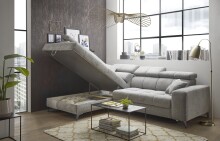 Ecksofa >SYDNEY< Elektrische Sitztiefenverstellung, 5 verstellbare Kopfstützen, Bettkasten, Bezugsstoff "taupe" - 268x105x172 (BxHxT)