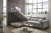 Ecksofa >SYDNEY< Elektrische Sitztiefenverstellung, 5 verstellbare Kopfstützen, Bettkasten, Bezugsstoff "taupe" - 268x105x172 (BxHxT)