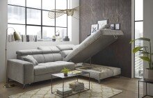 Ecksofa >SYDNEY< Elektrische Sitztiefenverstellung, 5 verstellbare Kopfstützen, Bettkasten, Bezugsstoff "taupe" - 268x105x172 (BxHxT)