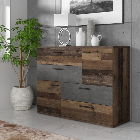 Sideboard >Skive< 4 Schubladen, 2 Türen, in Betonoptik / Old – Wood Dekor - 124,9x95,9x41,3cm B/H/T