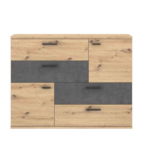 Sideboard >Skive< 4 Schubladen, 2 Türen, in Betonoptik / Artisan Eiche Dekor - 124,9x95,9x41,3cm B/H/T