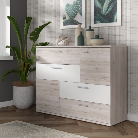 Sideboard >Skive< 4 Schubladen, 2 Türen, in Sandeiche Dekor / weiss - 124,9x95,9x41,3cm B/H/T