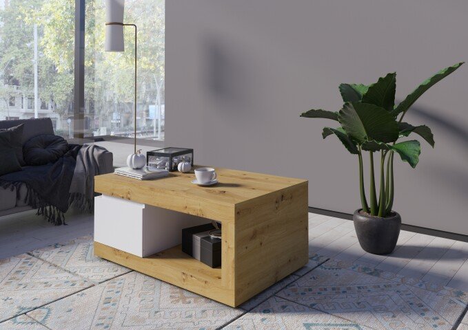 Couchtisch >LUCI< Schublade, in Alpinweiß/Artisan Eiche Dekor - 110x50x70cm (BxHxT)