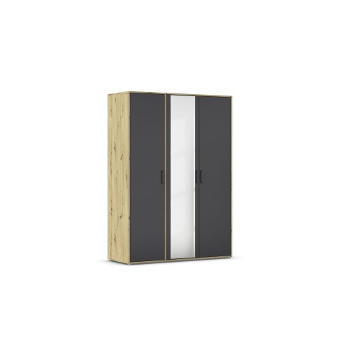 Drehtürenschrank >Voyager< 3 Türen, 4 Böden, 1 Stange, Front grau metallic / Spiegel, Korpus Eiche Artisan Dekor - 140x194x53cm B/H/T