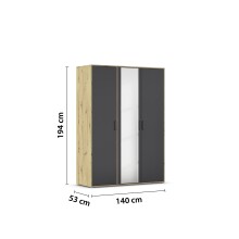 Drehtürenschrank >Voyager< 3 Türen, 4 Böden, 1 Stange, Front grau metallic / Spiegel, Korpus Eiche Artisan Dekor - 140x194x53cm B/H/T