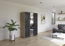 Drehtürenschrank >Voyager< 3 Türen, 4 Böden, 1 Stange, Front grau metallic / Spiegel, Korpus Eiche Artisan Dekor - 140x194x53cm B/H/T