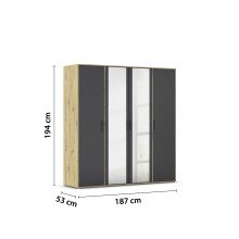 Drehtürenschrank >Voyager< 4 Türen, 7 Böden, 1 Stange, Front grau metallic / Spiegel, Korpus Eiche Artisan Dekor - 187x194x53cm B/H/T