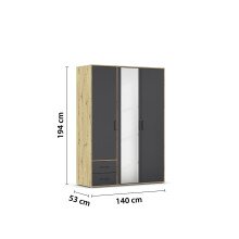 Drehtürenschrank >Voyager< 3 Türen, 2 Schubladen, 3 Böden, 1 Stange, Front grau metallic / Spiegel, Korpus Eiche Artisan Dekor - 140x194x53cm B/H/T