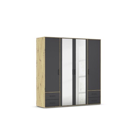 Drehtürenschrank >Voyager< 4 Türen, 4 Schubladen, 5 Böden, 1 Stange, Front grau metallic / Spiegel, Korpus Eiche Artisan Dekor - 187x194x53cm B/H/T