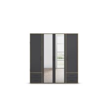 Drehtürenschrank >Voyager< 4 Türen, 4 Schubladen, 5 Böden, 1 Stange, Front grau metallic / Spiegel, Korpus Eiche Artisan Dekor - 187x194x53cm B/H/T