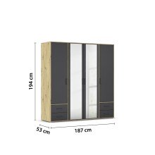 Drehtürenschrank >Voyager< 4 Türen, 4 Schubladen, 5 Böden, 1 Stange, Front grau metallic / Spiegel, Korpus Eiche Artisan Dekor - 187x194x53cm B/H/T