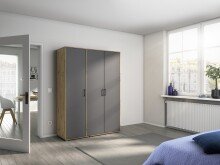 Drehtürenschrank >Voyager< 3 Türen, 4 Böden, 1 Stange, Front grau metallic, Korpus Eiche Artisan Dekor - 140x194x53 (BxHxT)