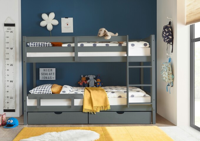 Etagenbett >Moritz / Eddie< mit 2er-Schubkasten, 2 in 1 – Doppelhochbett oder einzeln stellbar, Kiefer Massivholz grau - 207x140x97cm (BxHxT)