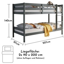 Etagenbett >Moritz / Eddie< mit 2er-Schubkasten, 2 in 1 – Doppelhochbett oder einzeln stellbar, Kiefer Massivholz grau - 207x140x97cm (BxHxT)