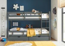 Etagenbett >Moritz / Eddie< mit 2er-Schubkasten, 2 in 1 – Doppelhochbett oder einzeln stellbar, Kiefer Massivholz grau - 207x140x97cm (BxHxT)