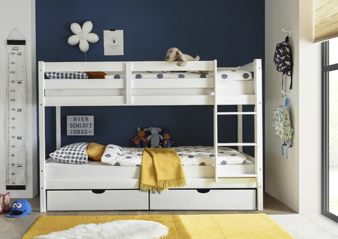 Etagenbett >Moritz / Eddie< mit 2er-Schubkasten, 2 in 1 – Doppelhochbett oder einzeln stellbar, Kiefer Massivholz weiss - 207x140x97cm (BxHxT)