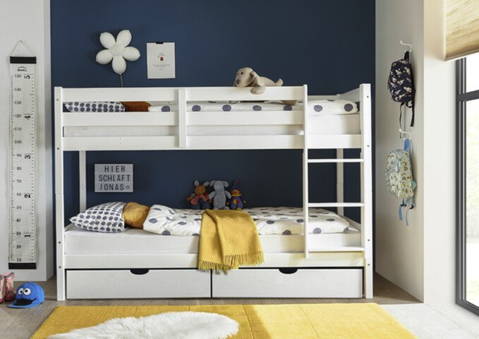 Etagenbett >Moritz / Eddie< mit 2er-Schubkasten, 2 in 1 – Doppelhochbett oder einzeln stellbar, Kiefer Massivholz weiss - 207x140x97cm (BxHxT)