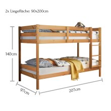 Etagenbett >Moritz / Eddie< mit 2er-Schubkasten, 2 in 1 – Doppelhochbett oder einzeln stellbar, Kiefer Massivholz natur lackiert - 207x140x97 (BxHxT)