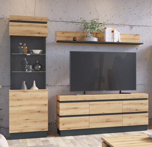 Wohnwand >Corte< (3-teilig) in Coast Evoke Eiche Dekor - 222x201x45 (BxHxT)