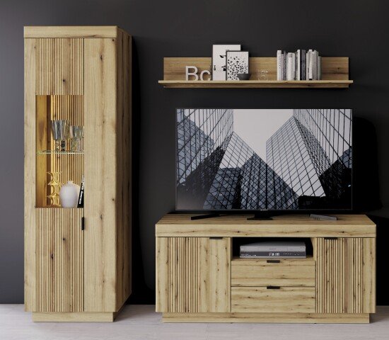 Wohnwand >Delamar< (3-teilig) in Coast Evoke Eiche Dekor - 208x197x40 (BxHxT)
