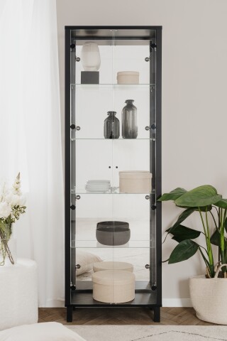 Glasvitrine >Albi< 2 Türen, Spiegelrückwand, Klar-Glas / Schwarz - 62x189x33cm (BxHxT)