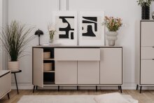 Sideboard >Arona< 4 Türen, 1 Schublade, 6 Böden, in Sand / Schwarz - 175x90x38cm (BxHxT)