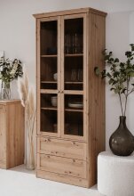 Vitrine >Timber< Landhaus, 2 Türen, 2 Schubladen, 3 Böden, in Artisan Eiche Dekor / Glas - 80x200x45cm (BxHxT)