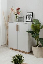 Kommode >Split< 2 Türen, 2 Böden, in steingrau / Jackson Hickory Dekor - 82x94x40cm (BxHxT)