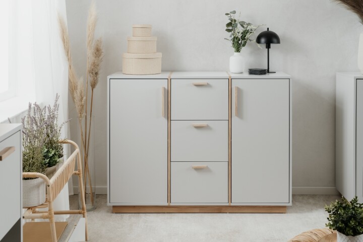 Sideboard >Split< 2 Türen, 3 Schubladen, 4 Böden, in steingrau / Jackson Hickory Dekor - 125x94x40cm (BxHxT)
