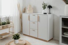 Sideboard >Split< 2 Türen, 3 Schubladen, 4 Böden, in steingrau / Jackson Hickory Dekor - 125x94x40cm (BxHxT)